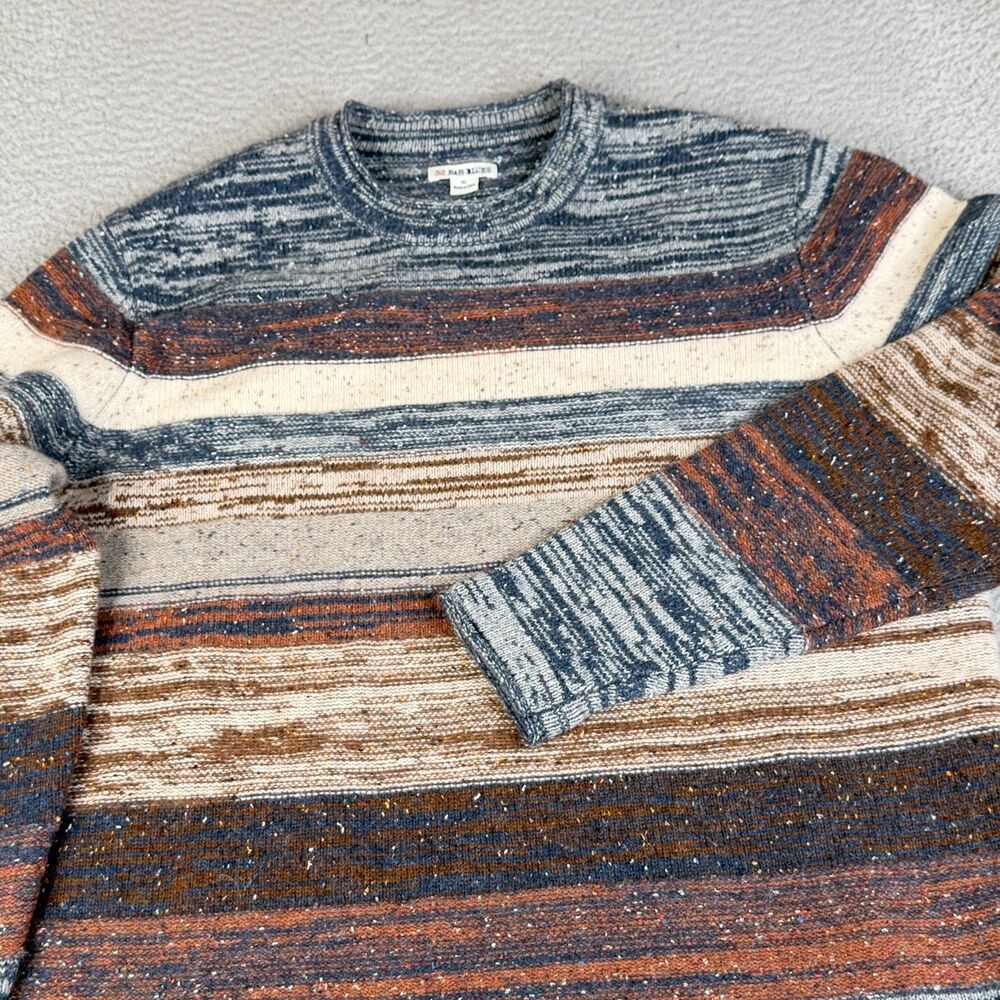 32 BAR BLUES Sweater Mens XL Brown Blue Striped Lambswool  Knit Nylon Textured